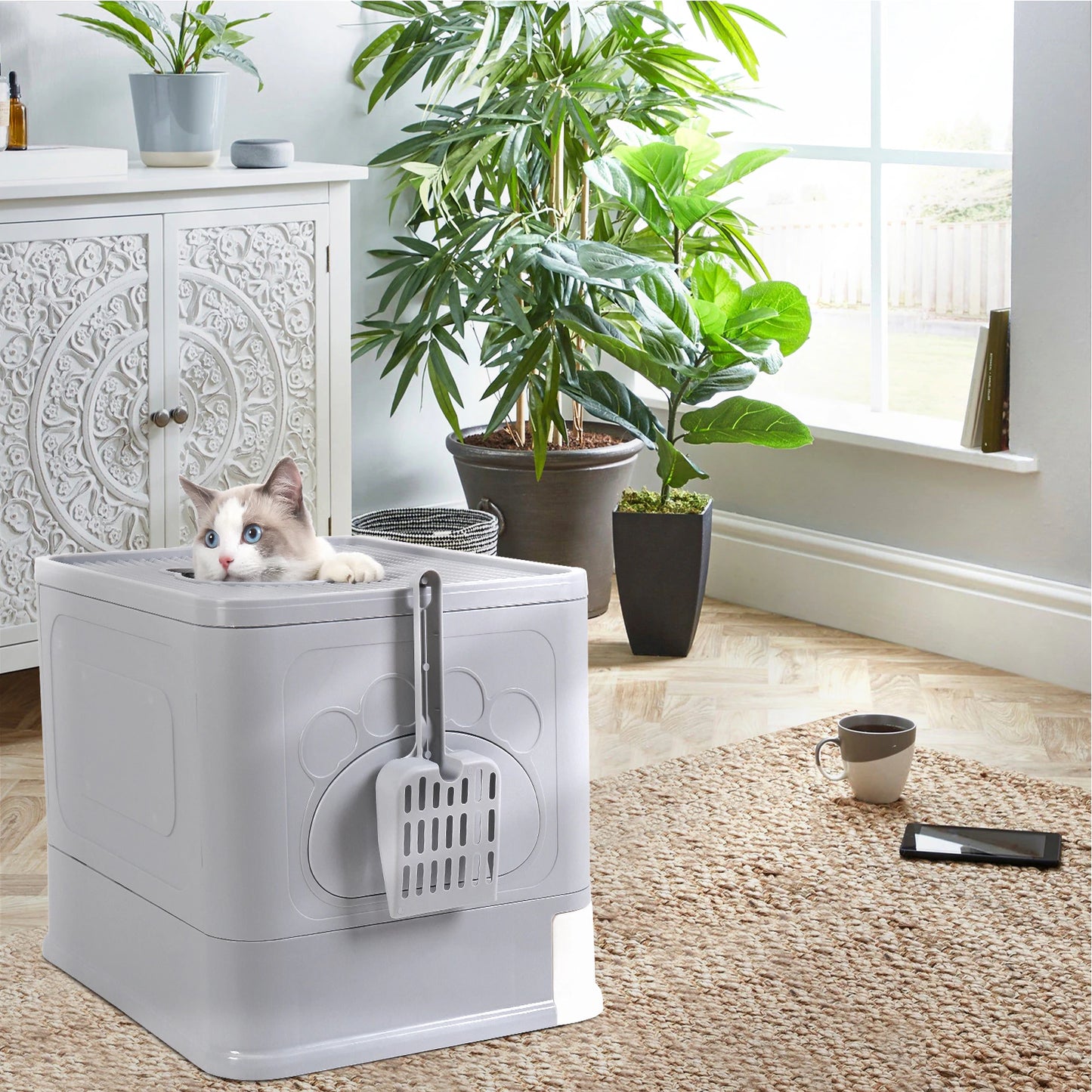 Cat Litter Box Fully Enclosed and Foldable,Top Entry Litter Box Storage and Deodorization Easy to Clean Covered Litter Box