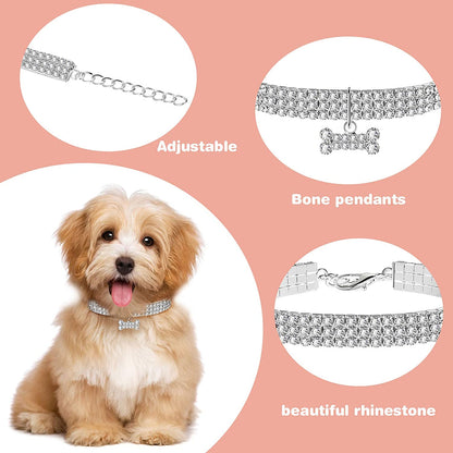 3 Pieces Bling Rhinestones Pet Collars Glitter Pendant Dog Collars Adjustable Crystal Cat Collar Elastic Pet Necklace for Small Pet Cat Dogs Puppy (White)