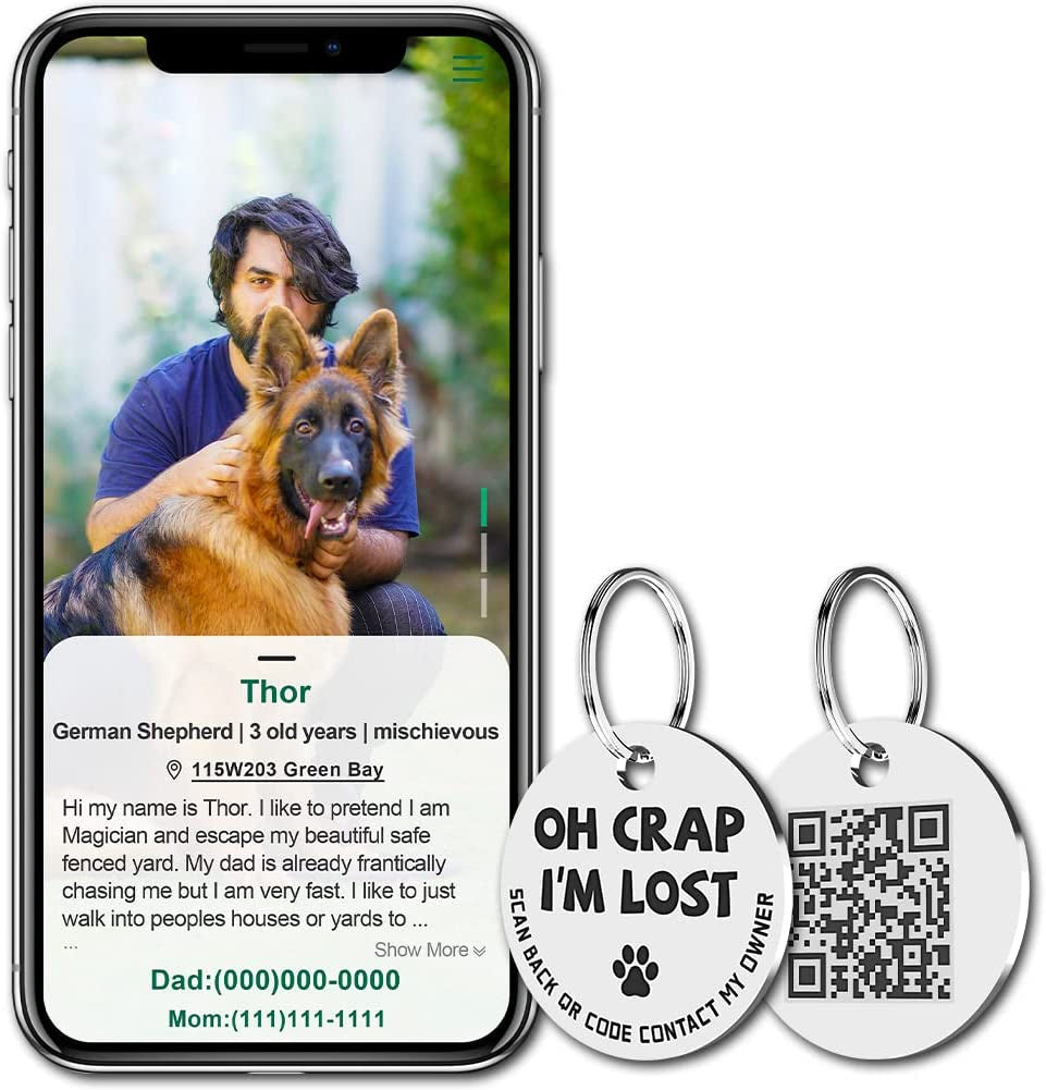 Stainless Steel QR Code Pet ID Tags Dog Tags - Pet Online Profile - Scan QR Receive Instant Pet Location Alert Email